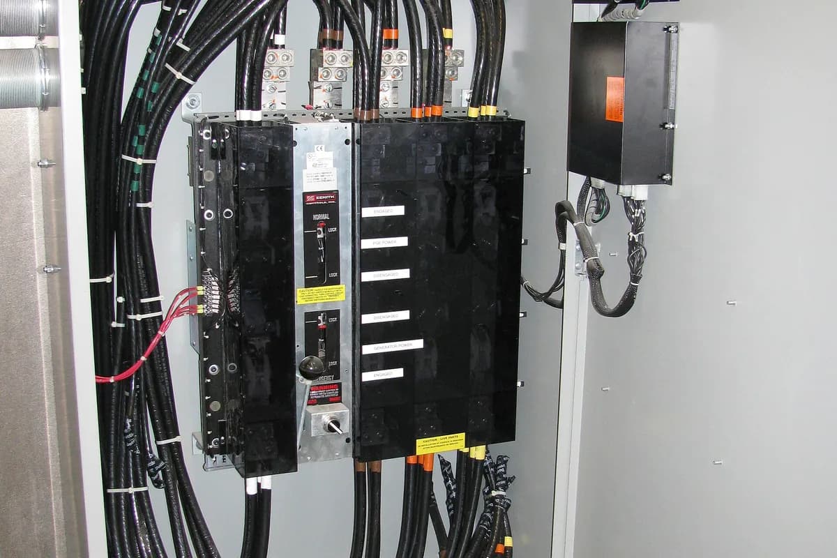 Generator transfer switch mounted on a wall
