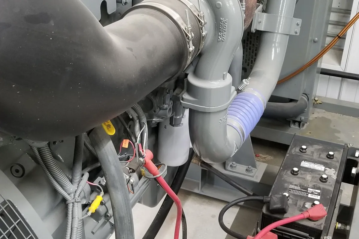 Diesel standby generator set with starting batteries and exhaust