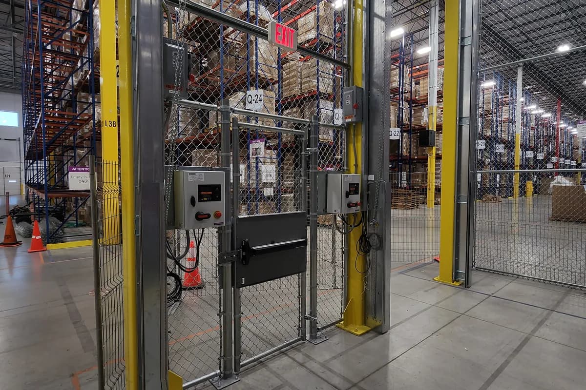 Warehouse interior with racking and guard rails