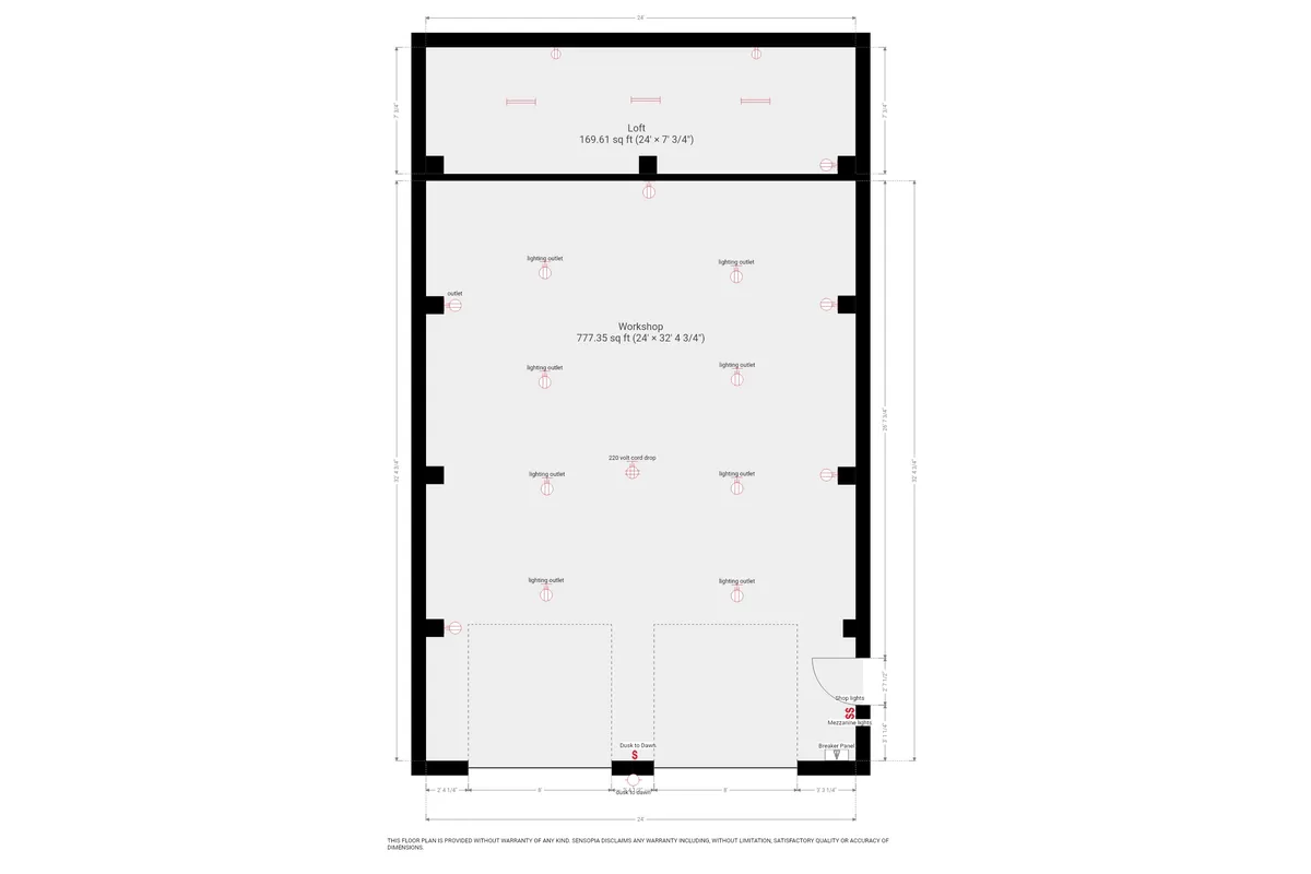 Dimensioned workshop floor plan with lighting and outlet positions marked