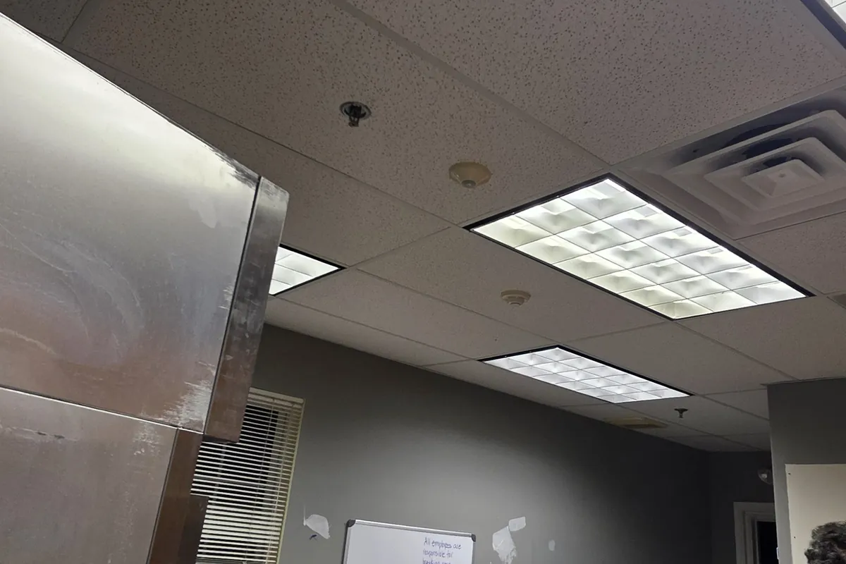 Office interior with linear ceiling lighting during remodel work