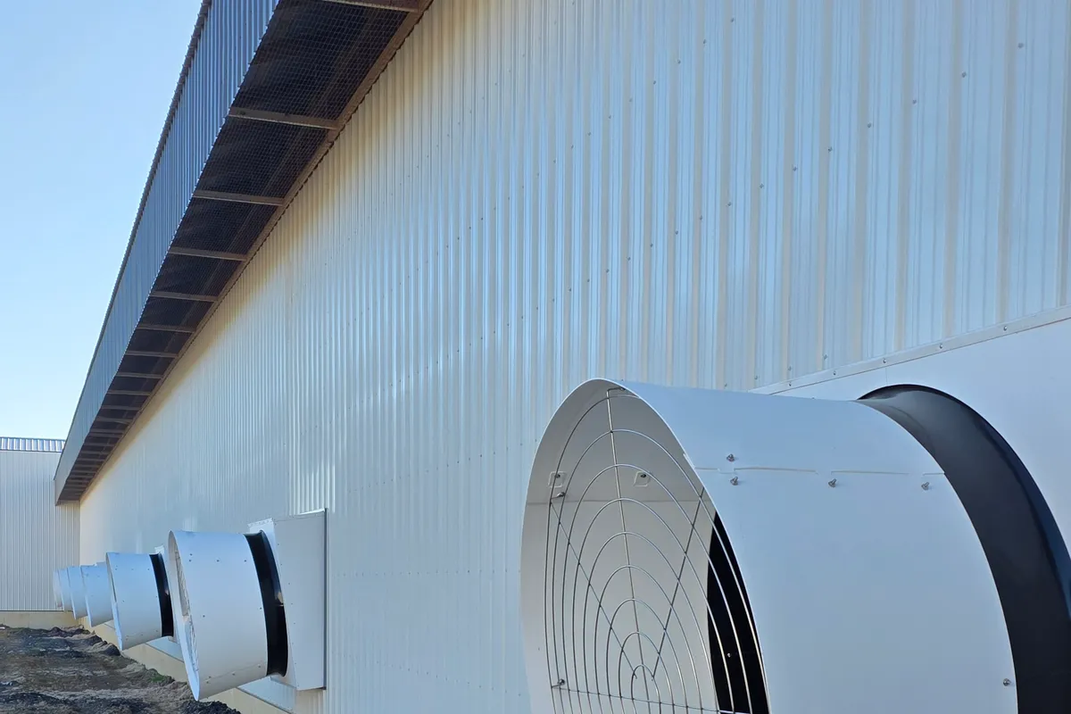 Tunnel ventilation fan mounted through the exterior wall of a poultry house
