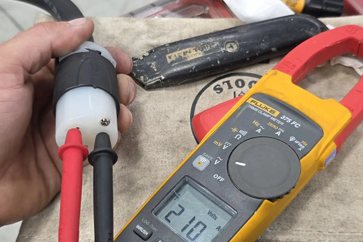 Clamp meter in use taking a reading at electrical equipment