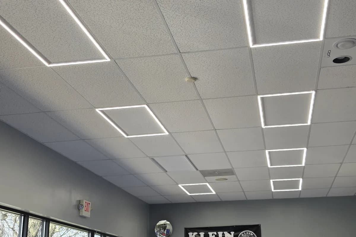 Retail store interior with product displays and overhead lighting