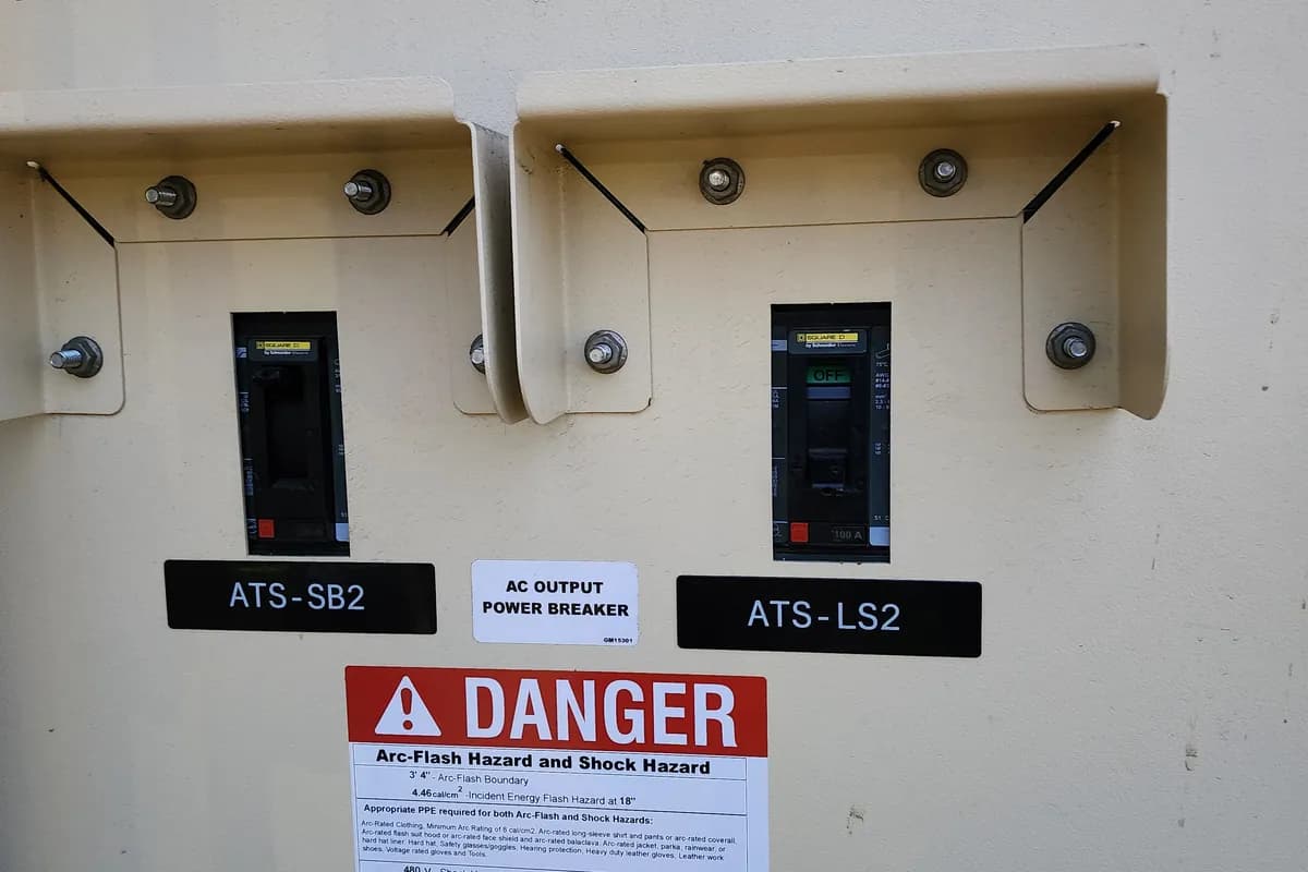 Kohler standby generator enclosure with its transfer equipment alongside a commercial building