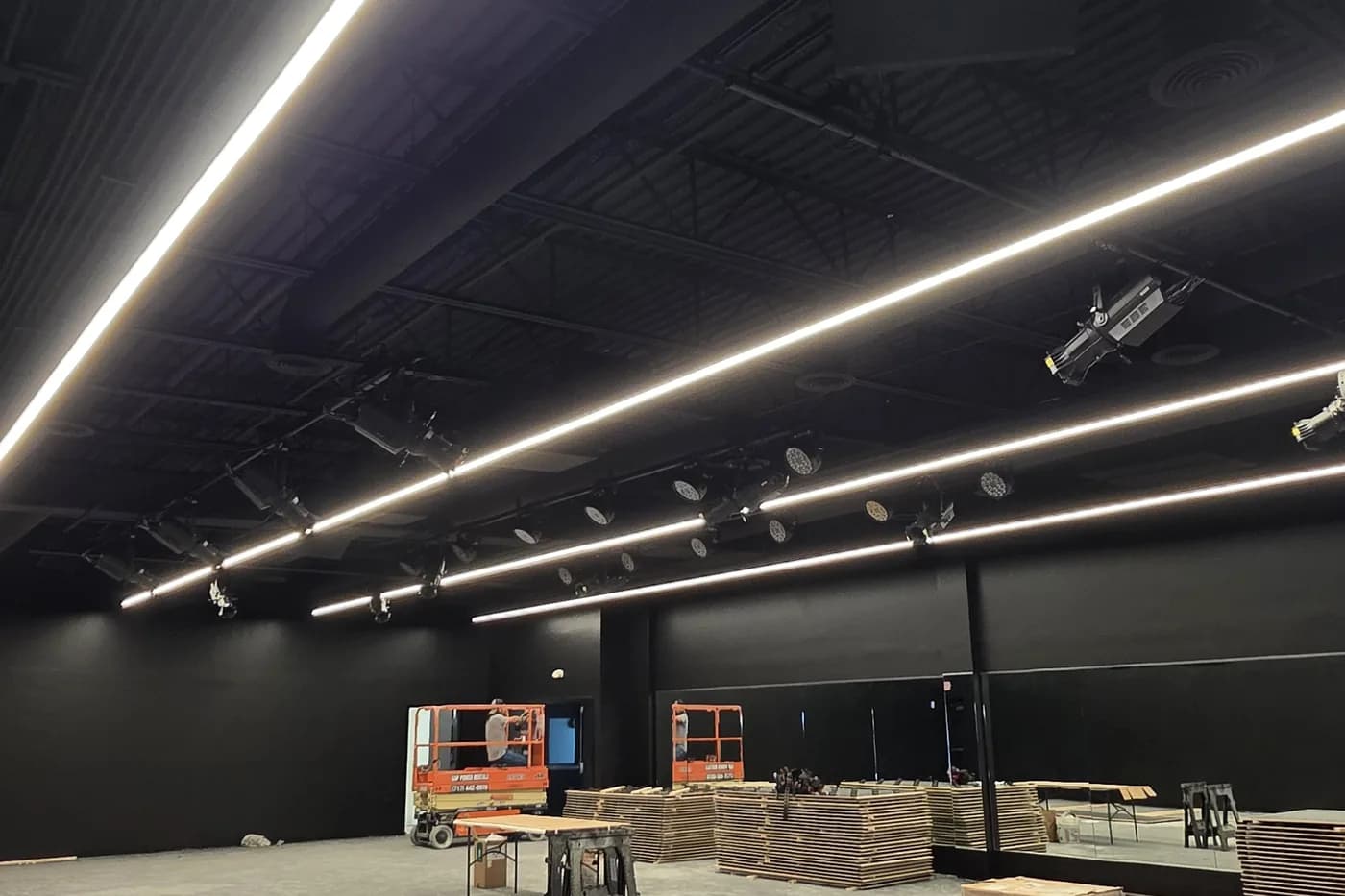 Large commercial interior with new linear lighting installed by Slon Electric