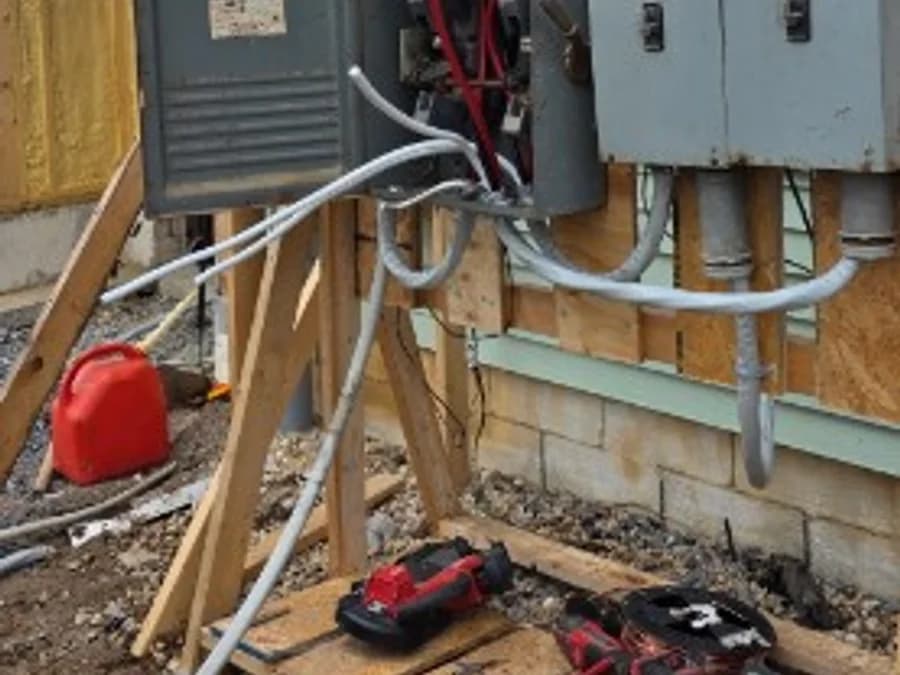 Temporary service connection made safe at a building under construction, tools staged nearby